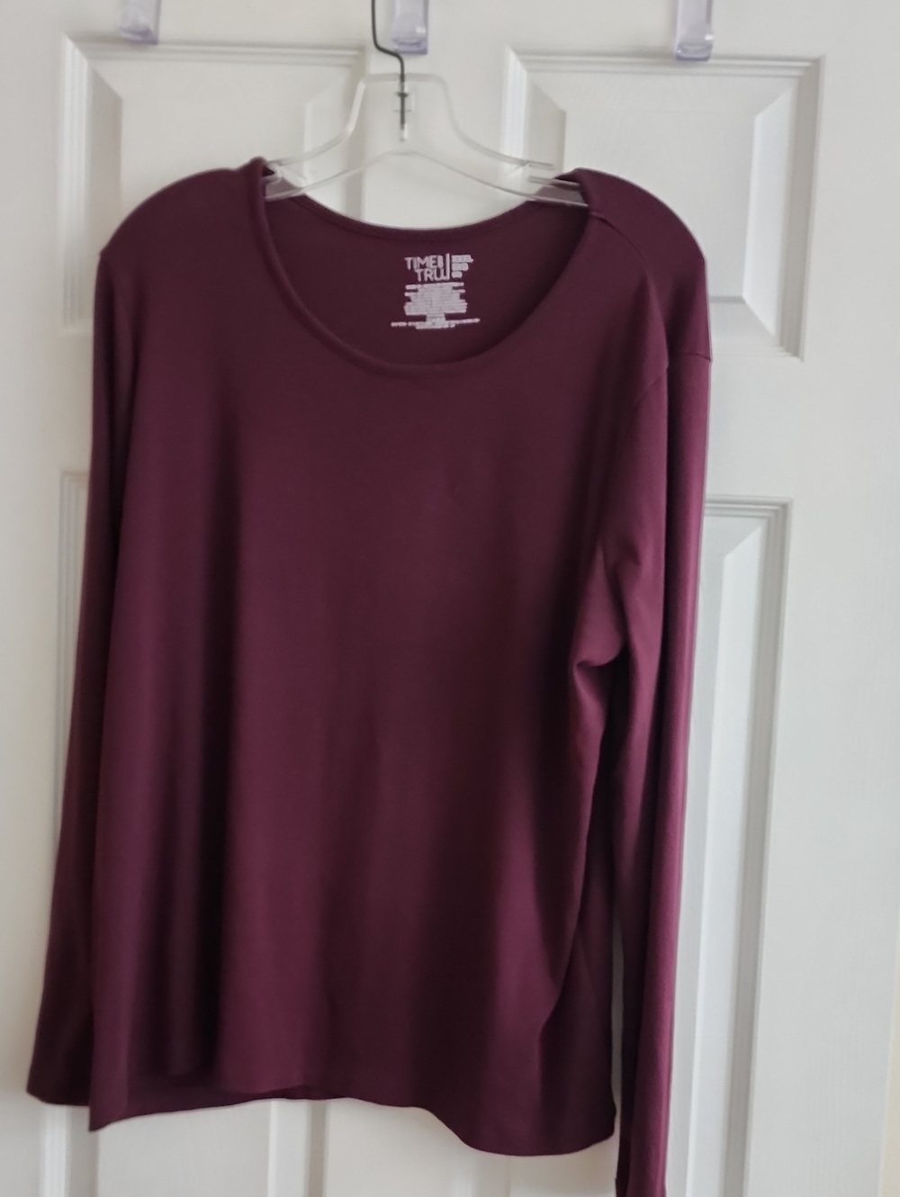 Time and Tru Long-Sleeve Rib Knit Crewneck Top in Plum